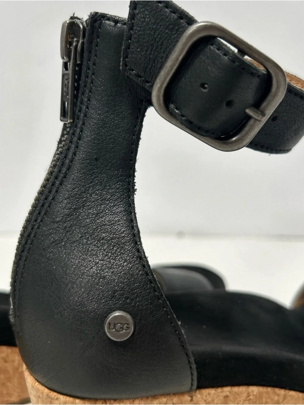 UGG Zoe II Leather Open Wedge Cork Sandal Ankle Strap‎ 1102674 Black Size 6.5